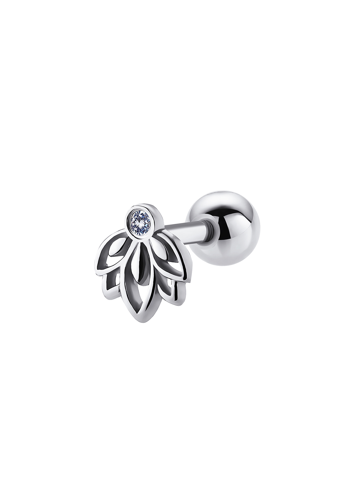 Серьга для писринга уха из серебра родированная в форме цветка лотоса с бесцветным кристаллом Dita One